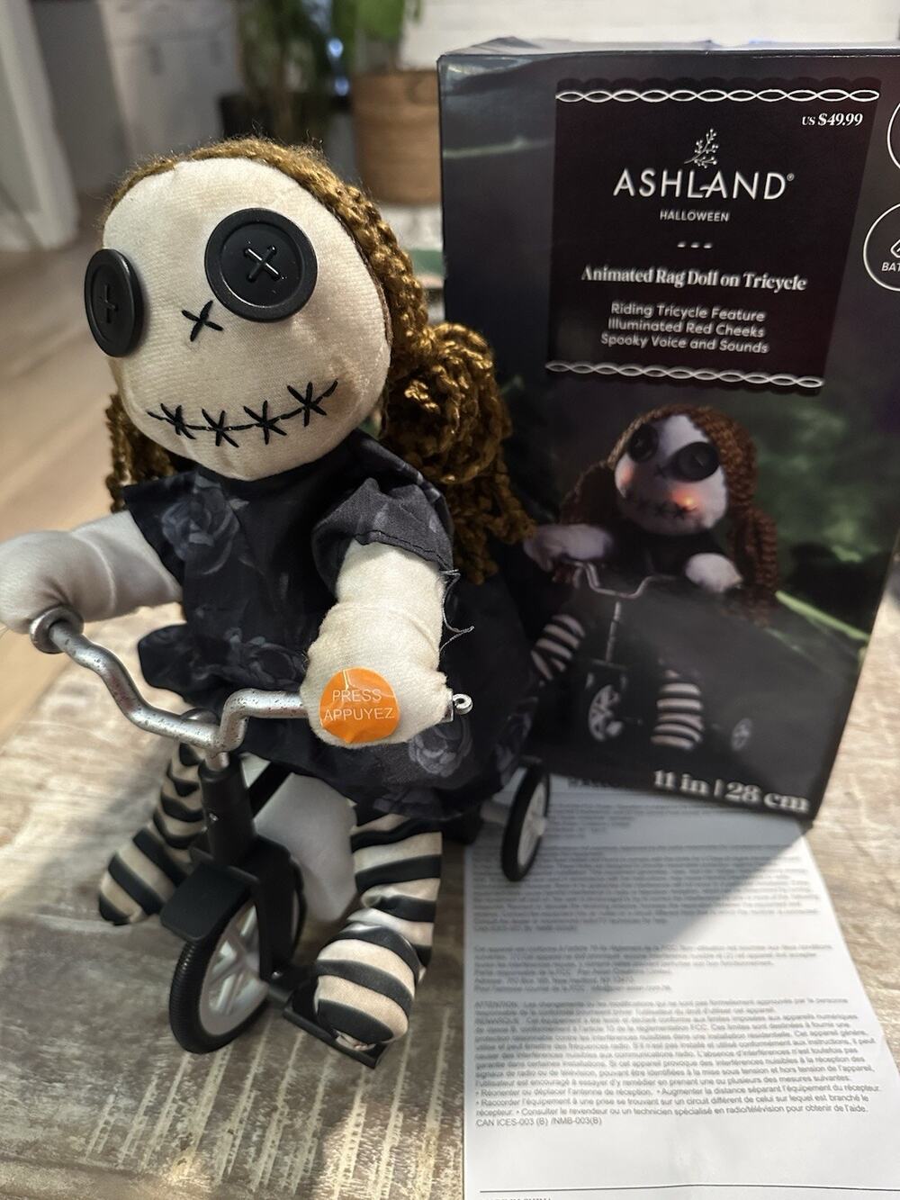 Ashland Animated Rag Doll Girl on Tricycle 11" Halloween Lights Sound NIB